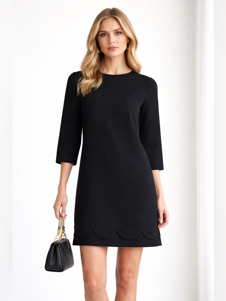 Kate Spade Black Scallop Hem Shift Dress 3/4 Sleeve Lbd Minimalist Size 4